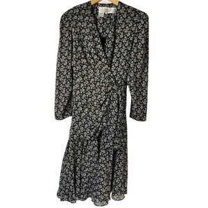 VTG Liz Roberts Wrap Dress Women's Sz 10 Cocktail Elegant Black Geometric Print